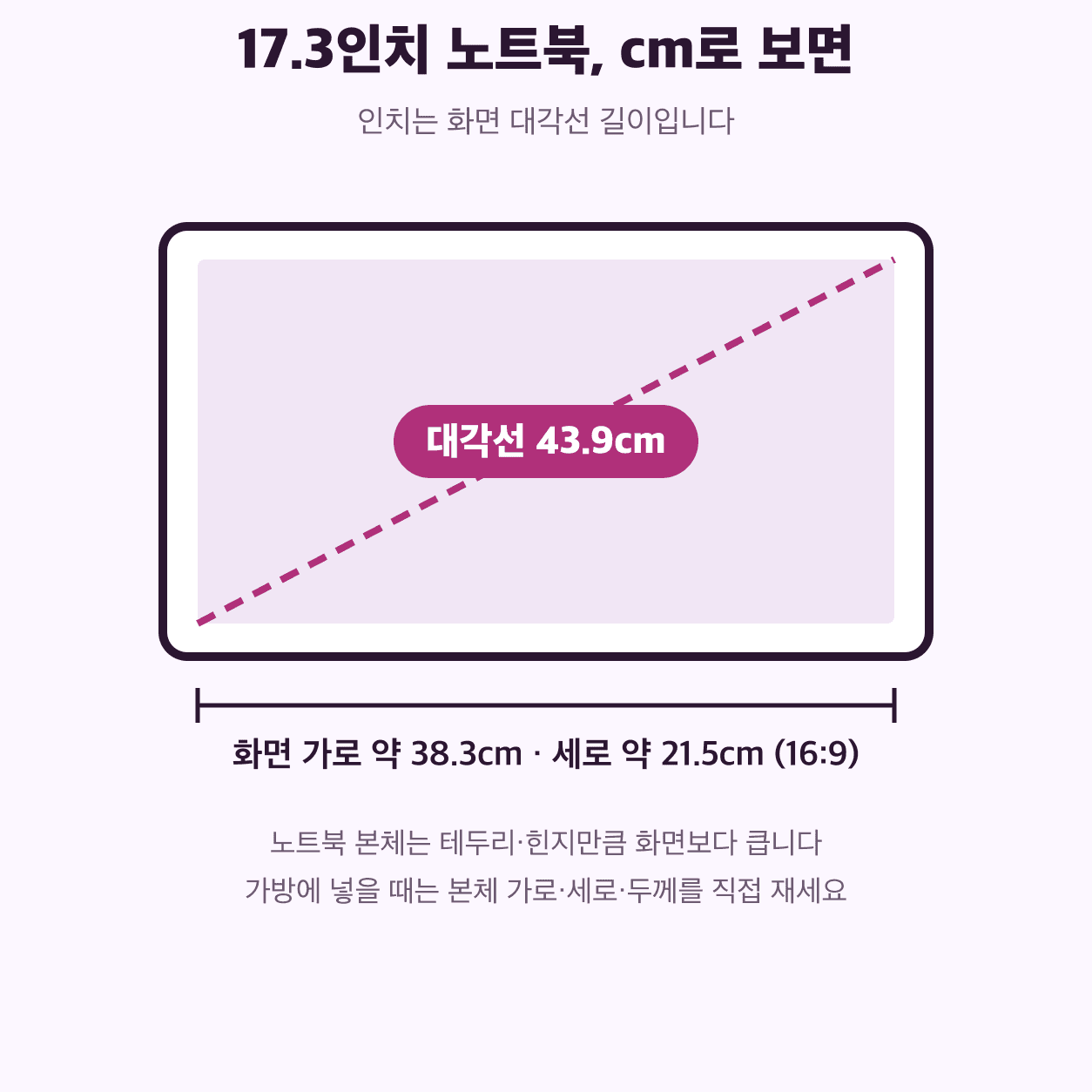 17.3인치 노트북 화면의 대각선 43.9cm와 16:9 기준 화면 가로 약 38.3cm·세로 약 21.5cm를 표시한 크기 안내 그림